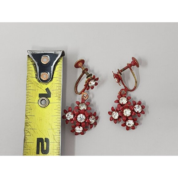 Vintage Costume Screw-On Earrings Red With Rhinestones‎ - Picture 3 of 3